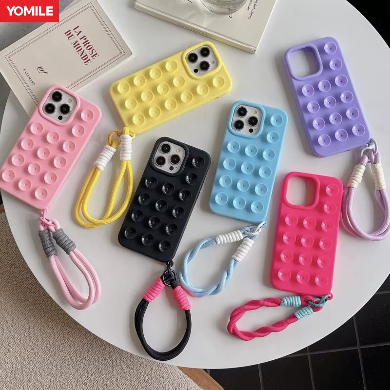 Cute Creative Lanyard Suction Cup Case for 16 15 plus 14 13 12 11 Pro Max INS Extra Gadget Holder Funny Silicone Cover